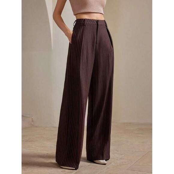 Pants - Anewsta Women's Modern Minimalist Commuter Maillard Brown Striped Straight Leg W